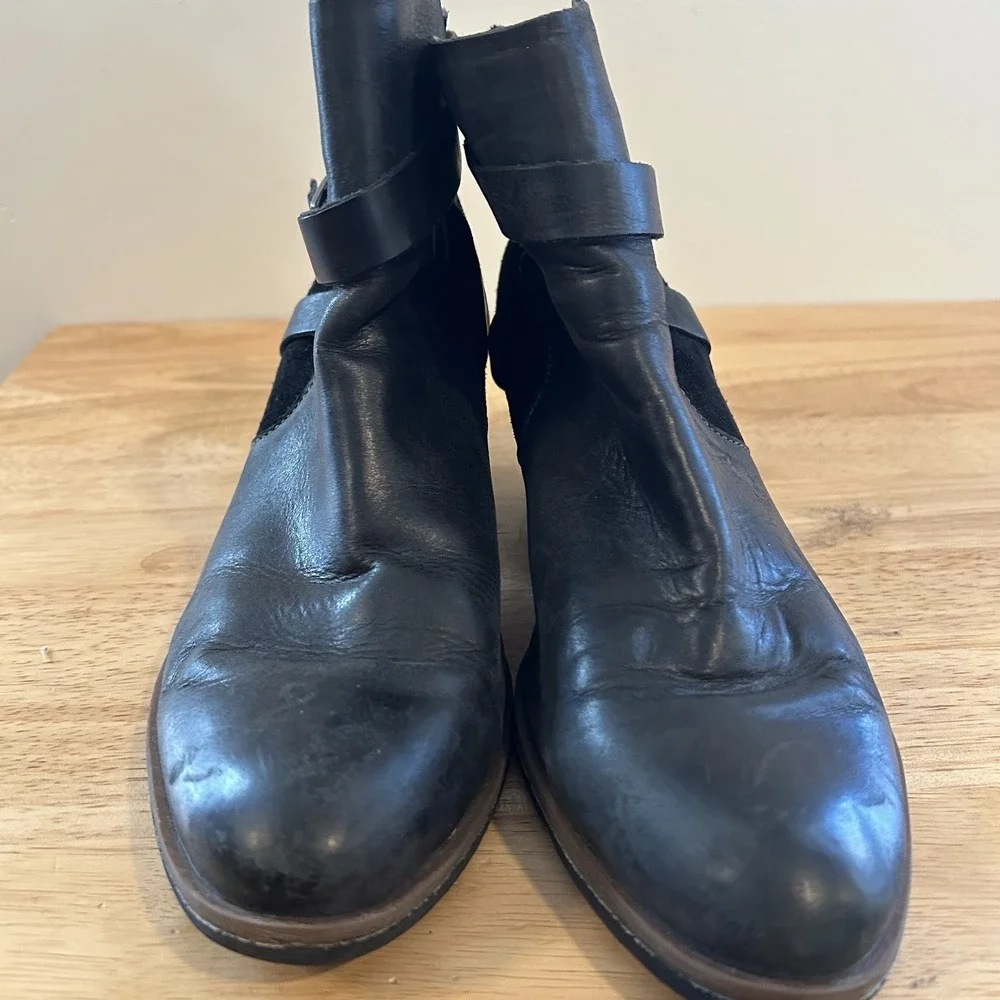 Women Korks Black Leather Suede Buckle Strap Ankle Heeled Boots Booties 8.5‎